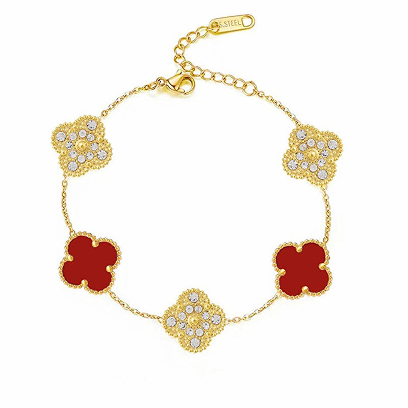 LUCKY CLOVER BRACELET | RED/GOLD CUBIC ZIRCONIA